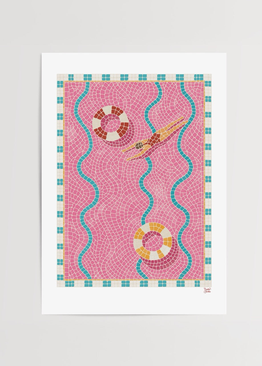Colourful artwork of a pool with mosaic patterns in pink and turquoise.