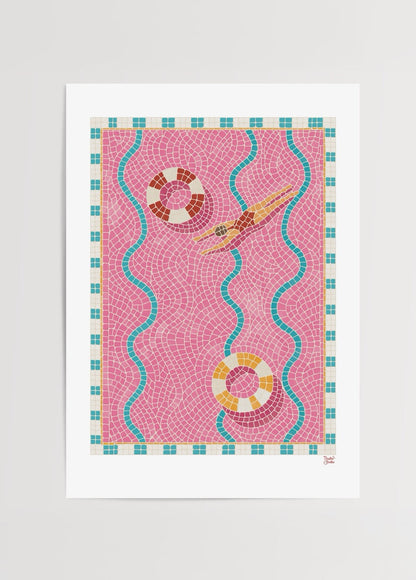Colourful artwork of a pool with mosaic patterns in pink and turquoise.
