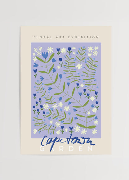 Capetown Floral Harmony Poster featuring blue and white flowers on a pastel background.