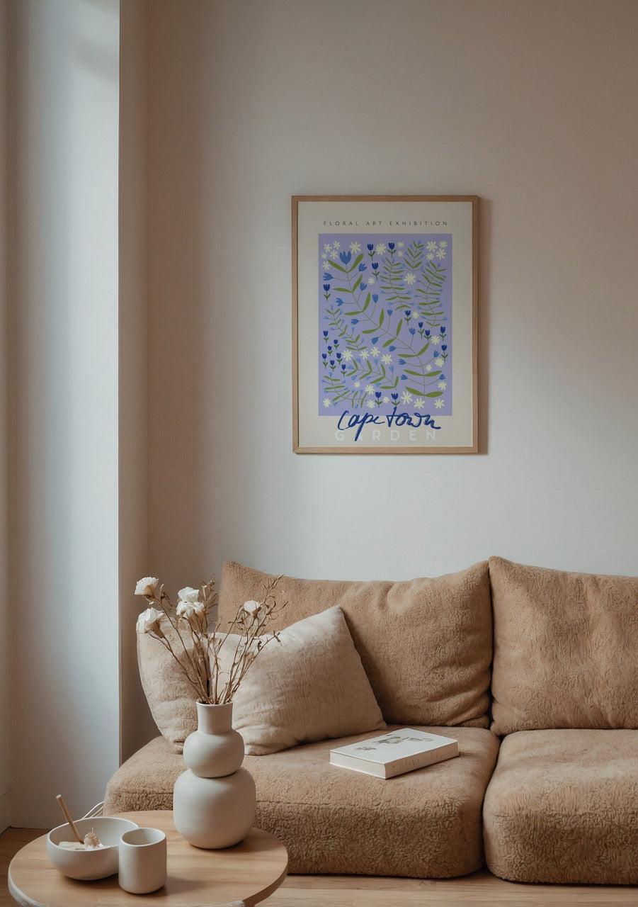 Capetown Floral Harmony Poster featuring blue and white flowers on a pastel background.