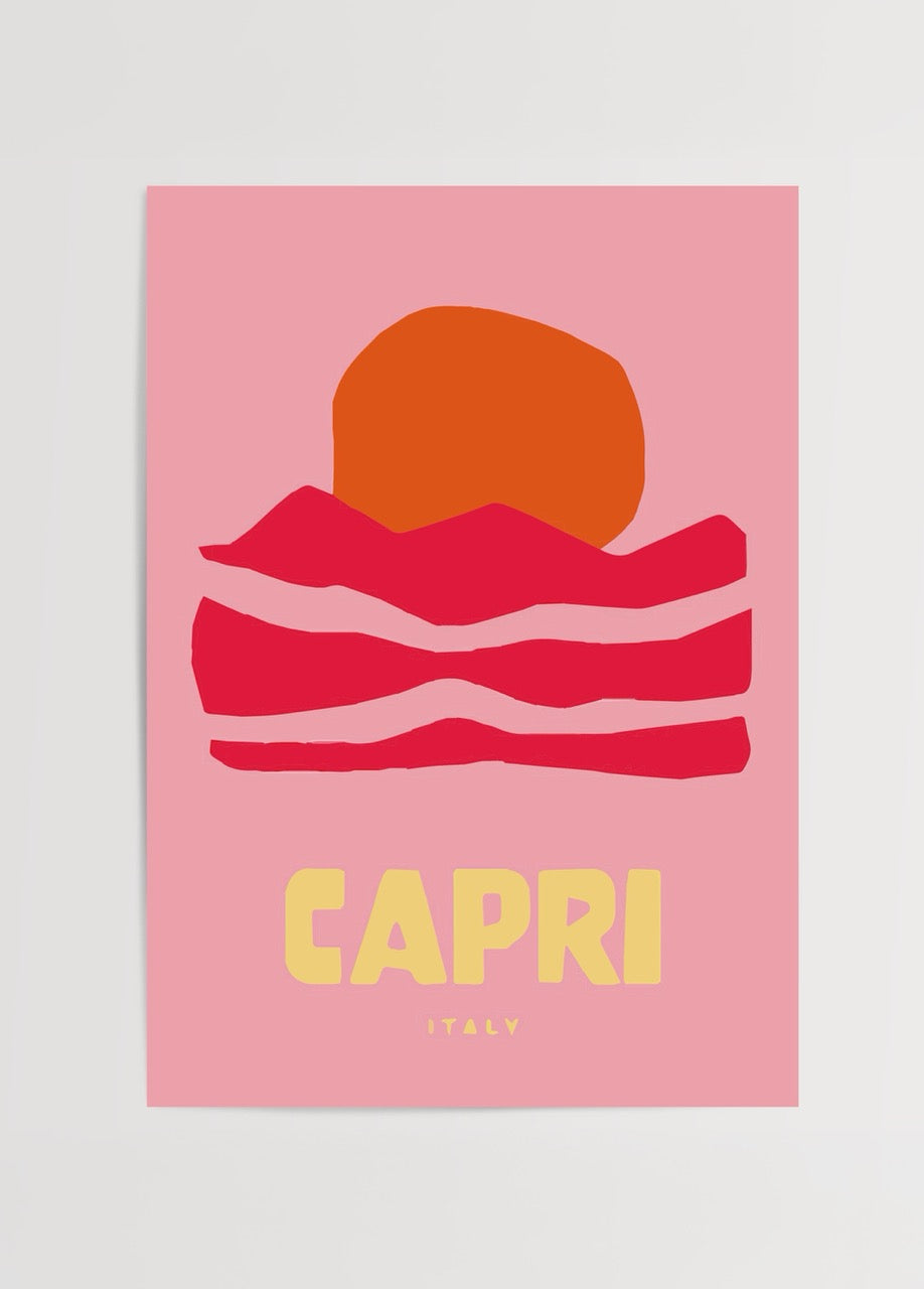 Vibrant artwork depicting a sunset over Capri with bold colours.