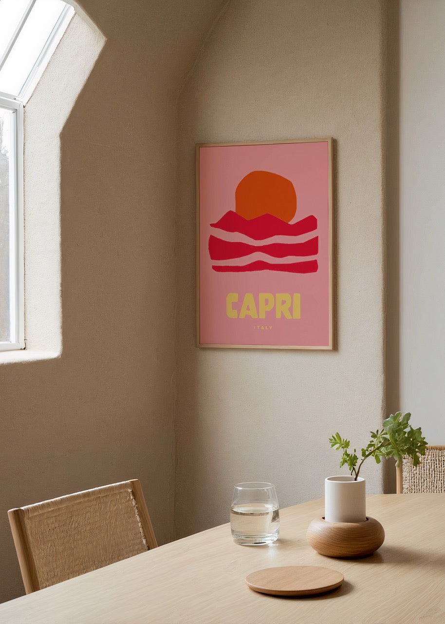 Vibrant artwork depicting a sunset over Capri with bold colours.