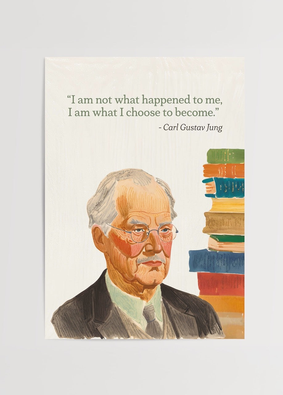 Artistic poster featuring a quote by Carl Gustav Jung with vibrant book illustrations.