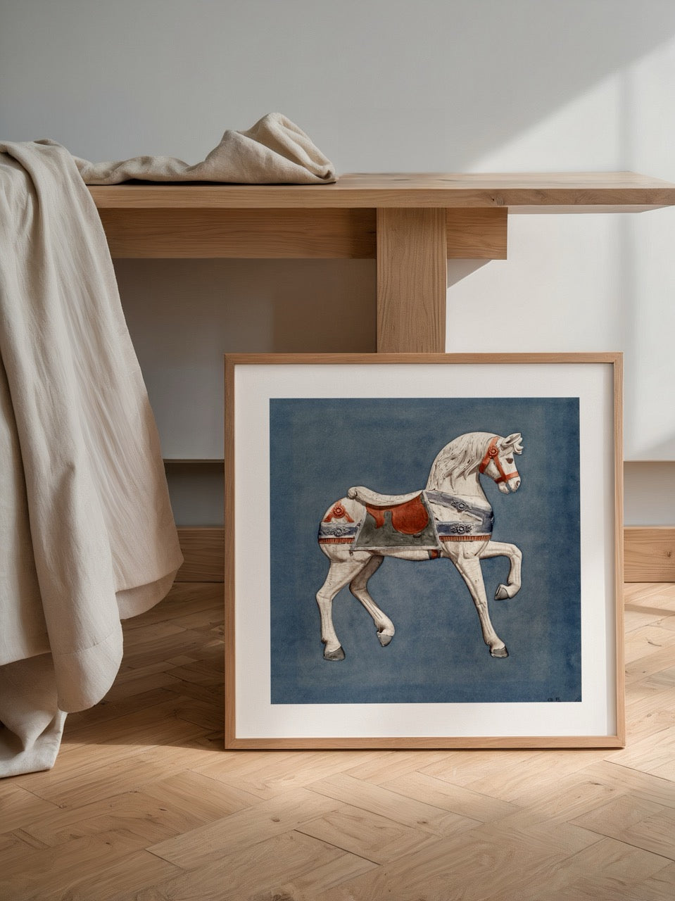 Nostalgic carousel horse illustration on a blue background