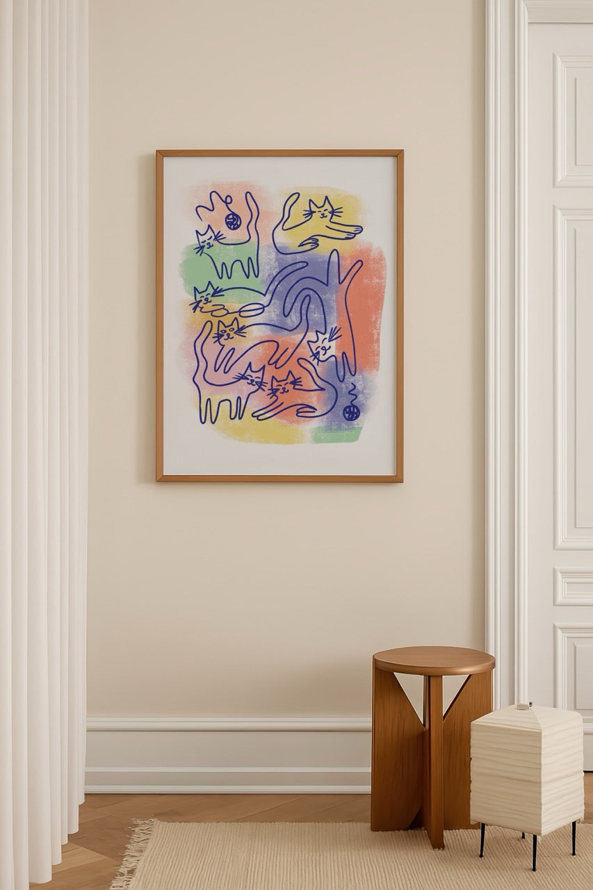 Illustrative Cat Crowd Poster Print featuring playful cats in vibrant colours.