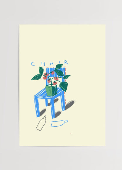 Whimsical chair illustration with plants, vibrant wall art.