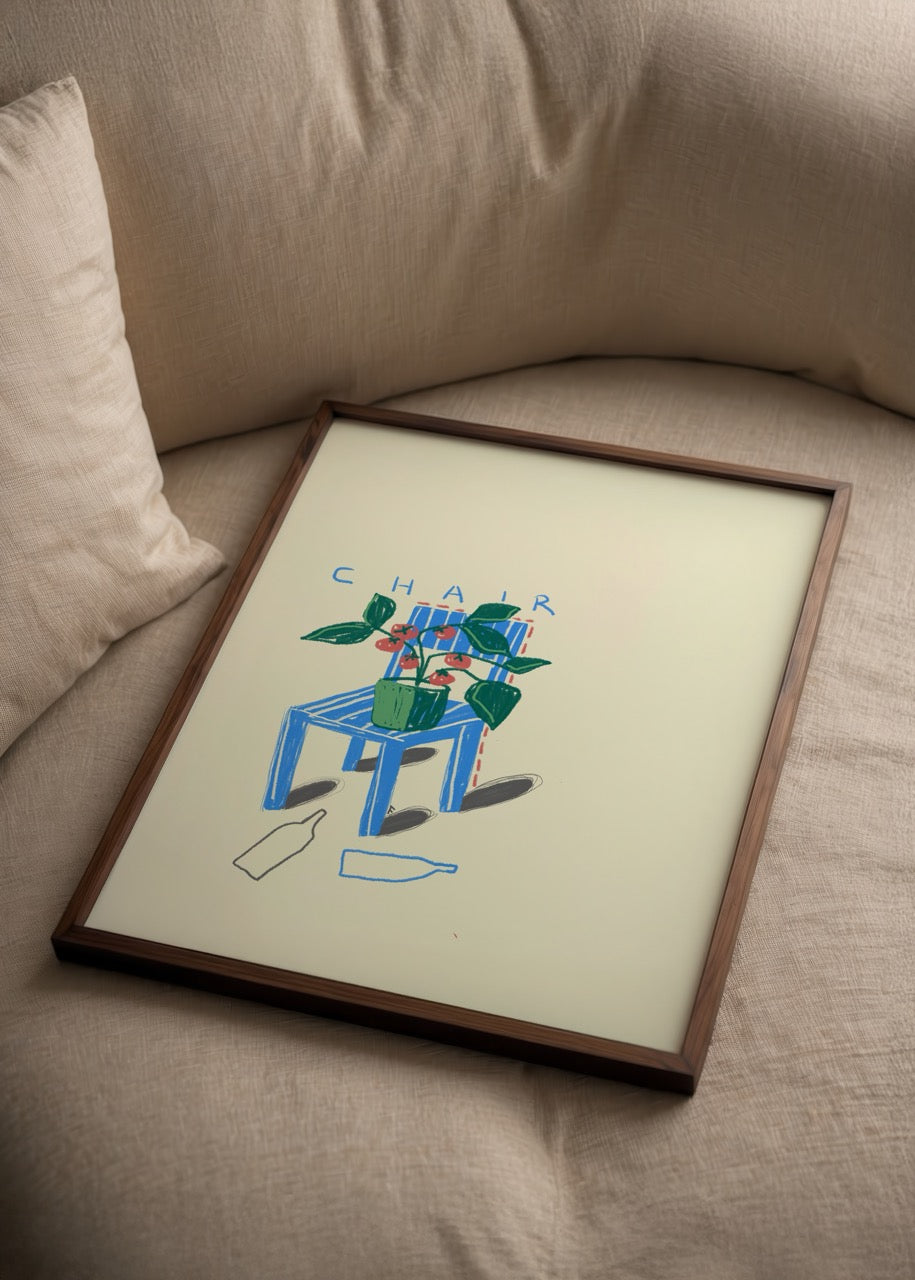 Whimsical chair illustration with plants, vibrant wall art.