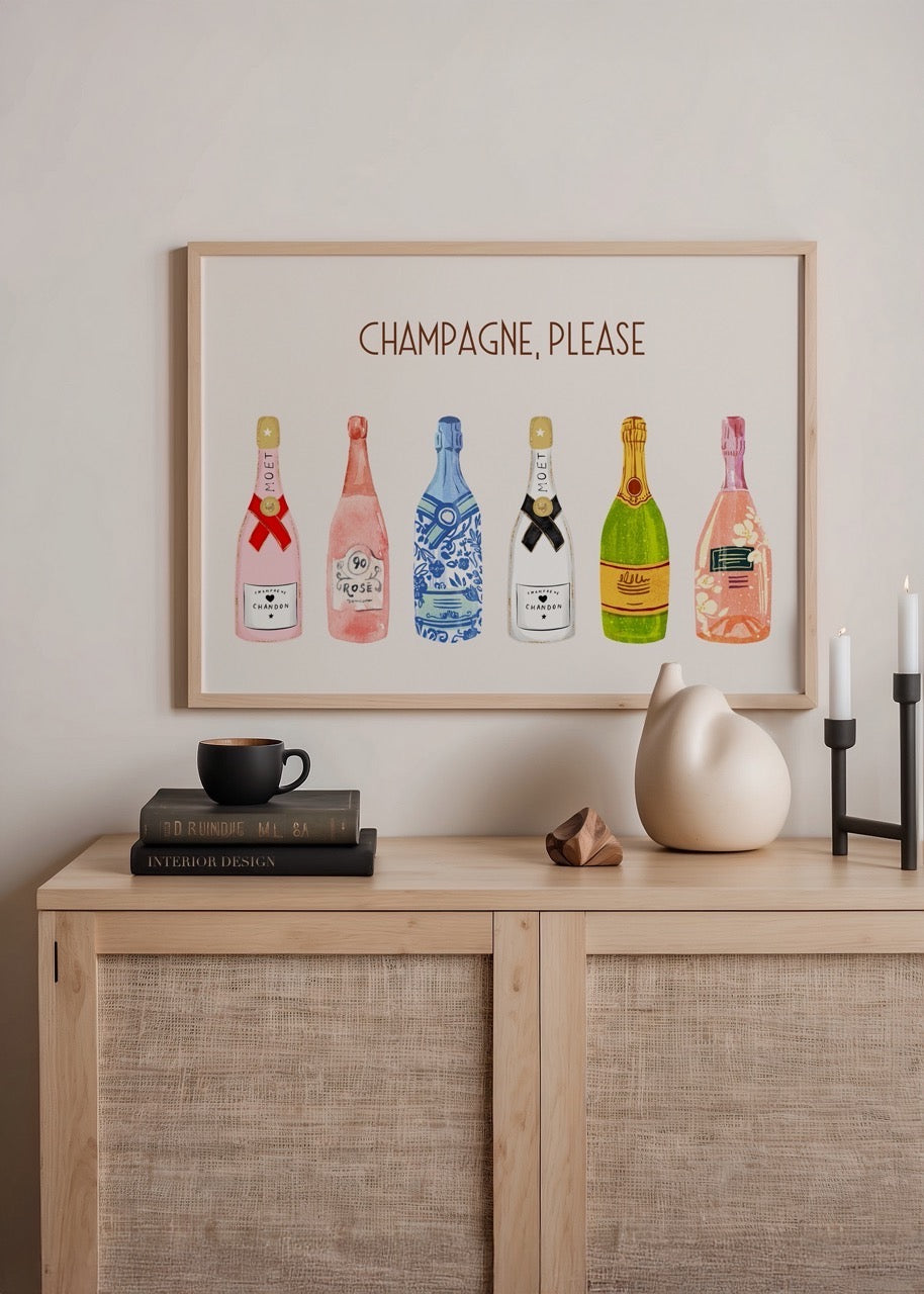 Vibrant illustration of colourful champagne bottles on a pale background.
