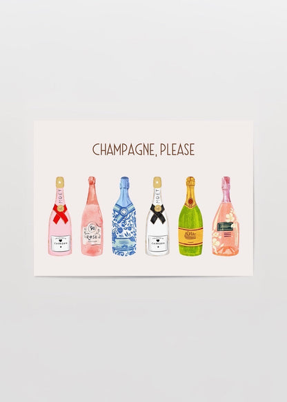 Vibrant illustration of colourful champagne bottles on a pale background.