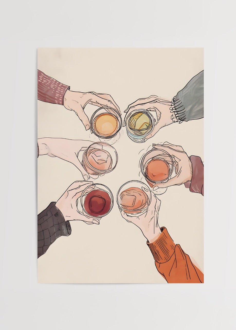 Illustration of hands holding cocktails in vibrant glasses.