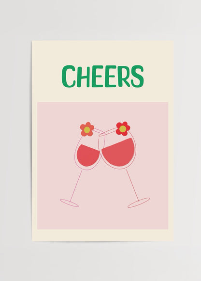 Cheers Poster Print featuring two clinking glasses with flowers.