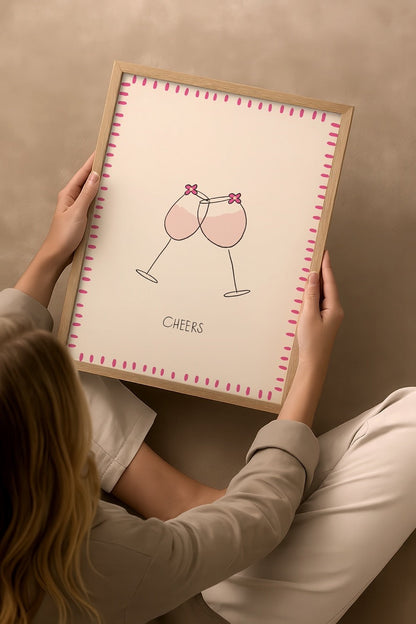 Cheers Poster Print featuring two clinking glasses with pink accents.