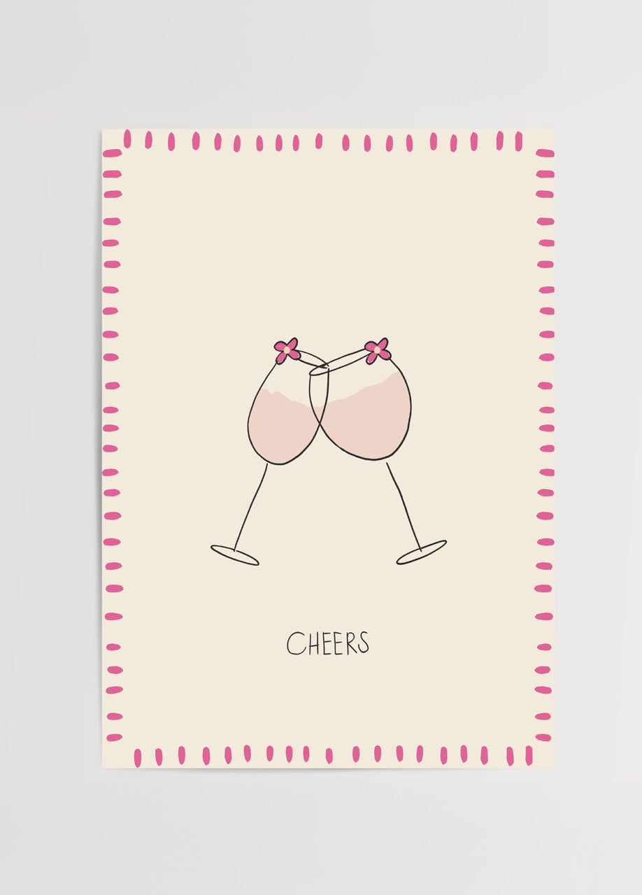Cheers Poster Print featuring two clinking glasses with pink accents.