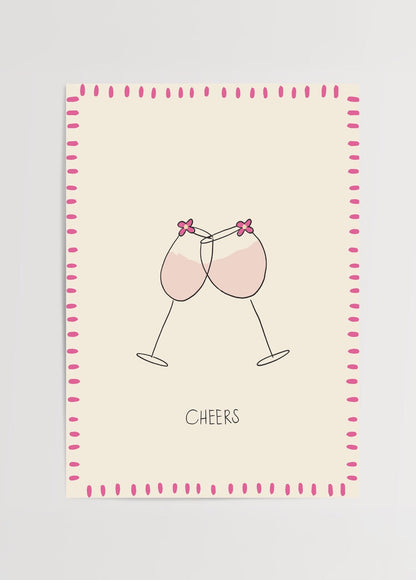 Cheers Poster Print featuring two clinking glasses with pink accents.