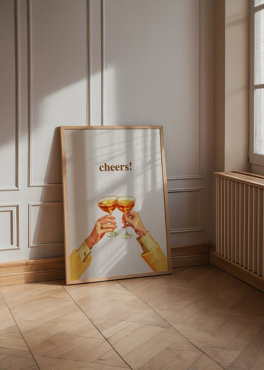 Vibrant poster featuring two glasses toasting with the word &