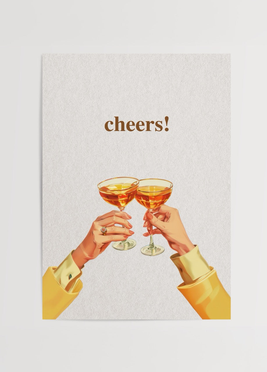 Vibrant poster featuring two glasses toasting with the word &