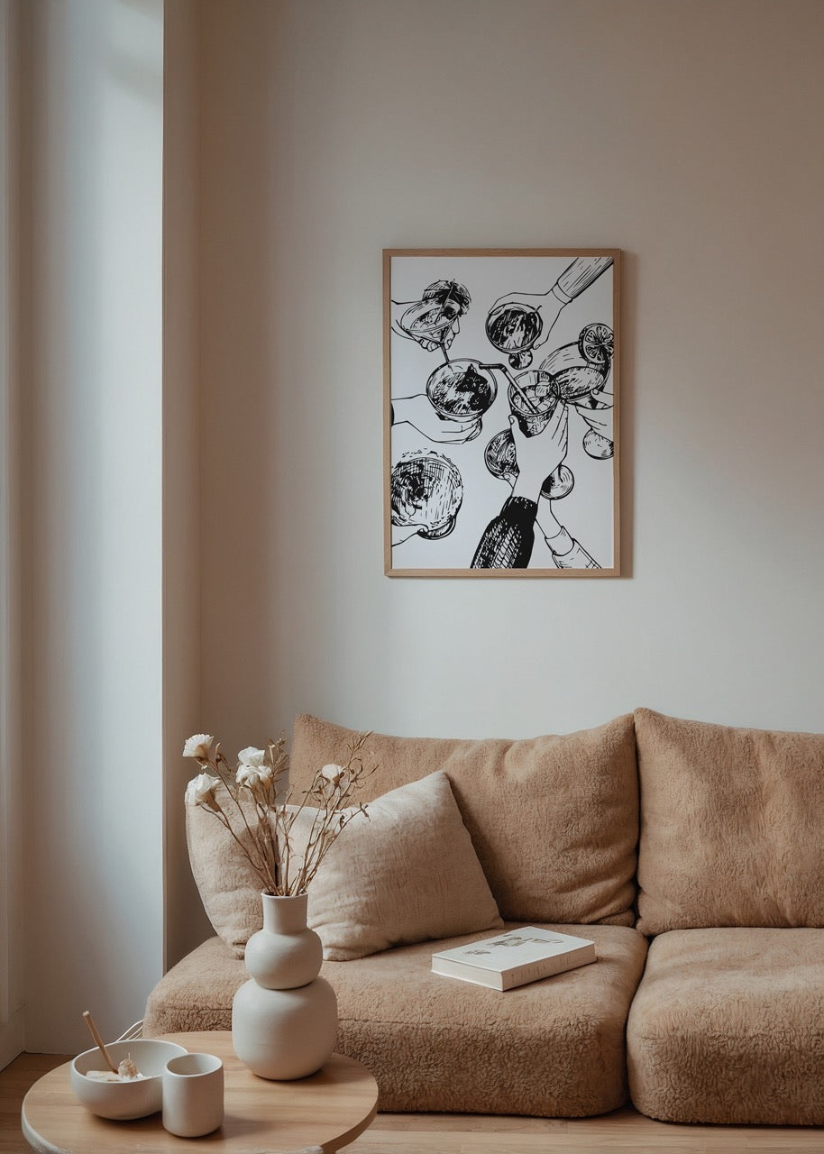 Monochrome illustration of hands toasting with cocktails for wall art.
