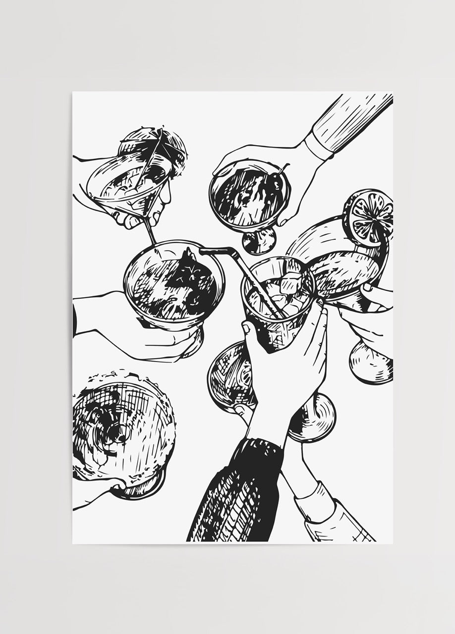 Monochrome illustration of hands toasting with cocktails for wall art.