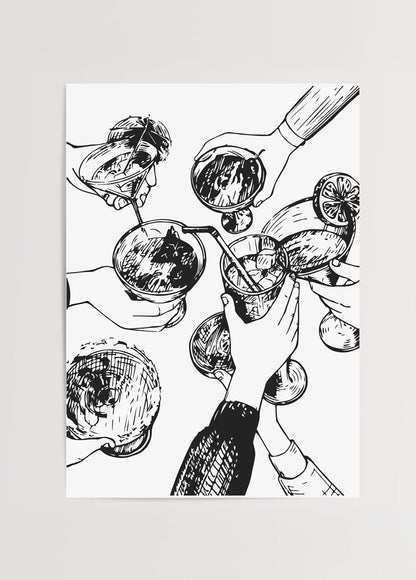 Monochrome illustration of hands toasting with cocktails for wall art.
