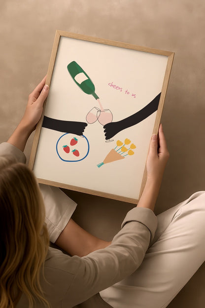 Illustrative poster featuring clinking glasses, strawberries, and flowers.
