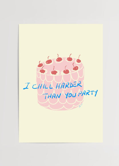 Playful illustration of a cake with cherries and a fun slogan.