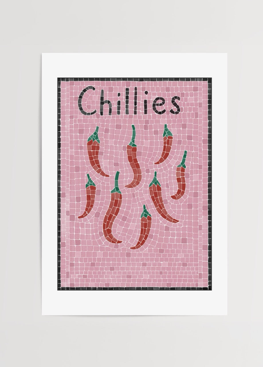 Chillies Poster Print featuring vibrant chilli designs on a pink background.