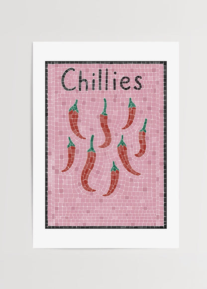 Chillies Poster Print featuring vibrant chilli designs on a pink background.