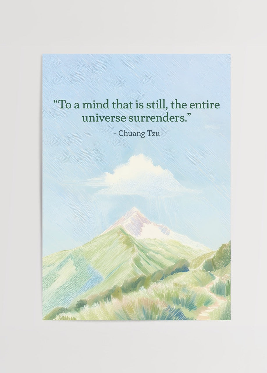 Chuang Tzu quote poster featuring a serene mountain landscape in soft colours.