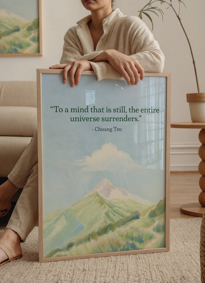 Chuang Tzu quote poster featuring a serene mountain landscape in soft colours.