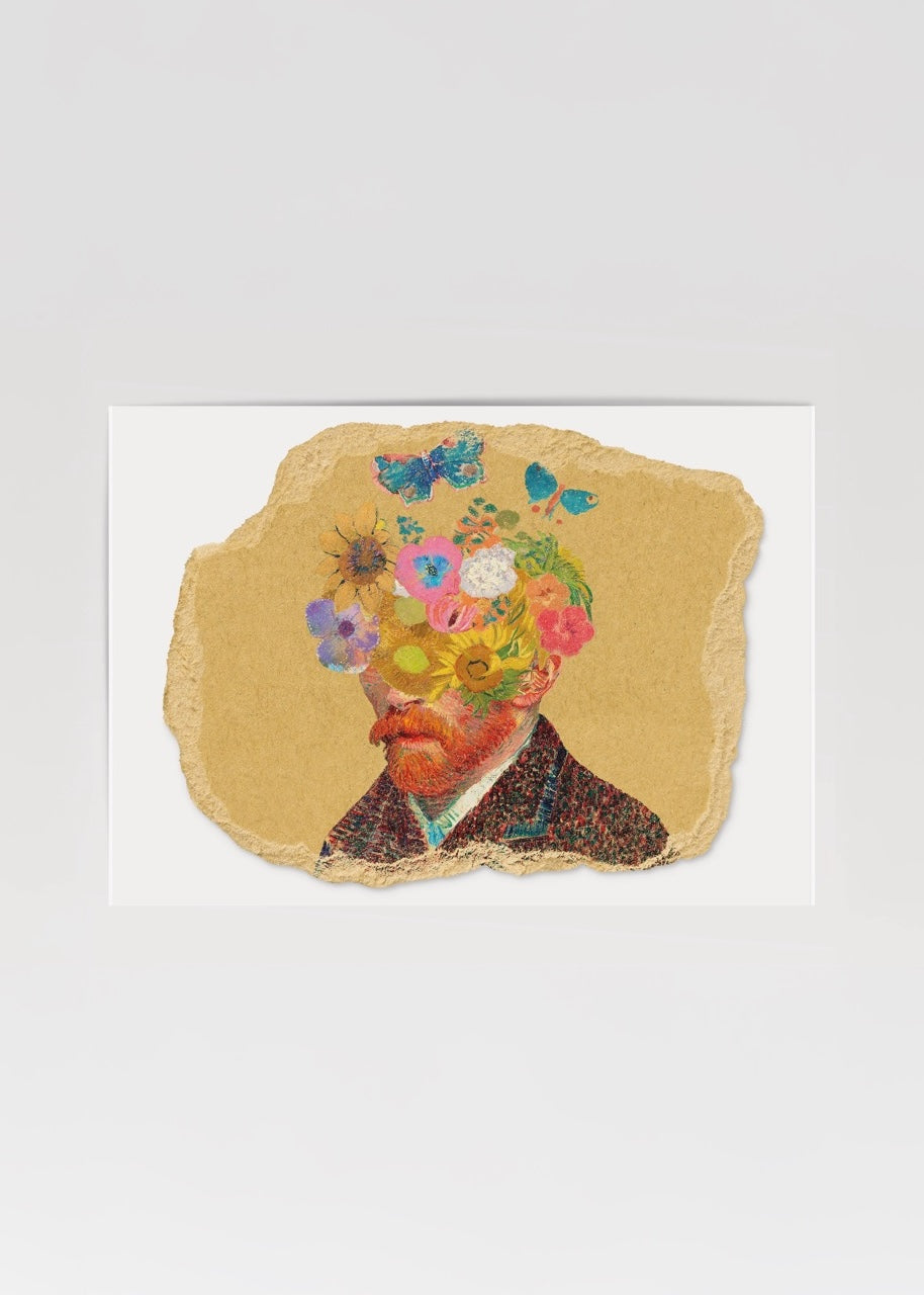 Floral Whimsy Portrait Wall Art featuring vibrant flowers in a creative composition.