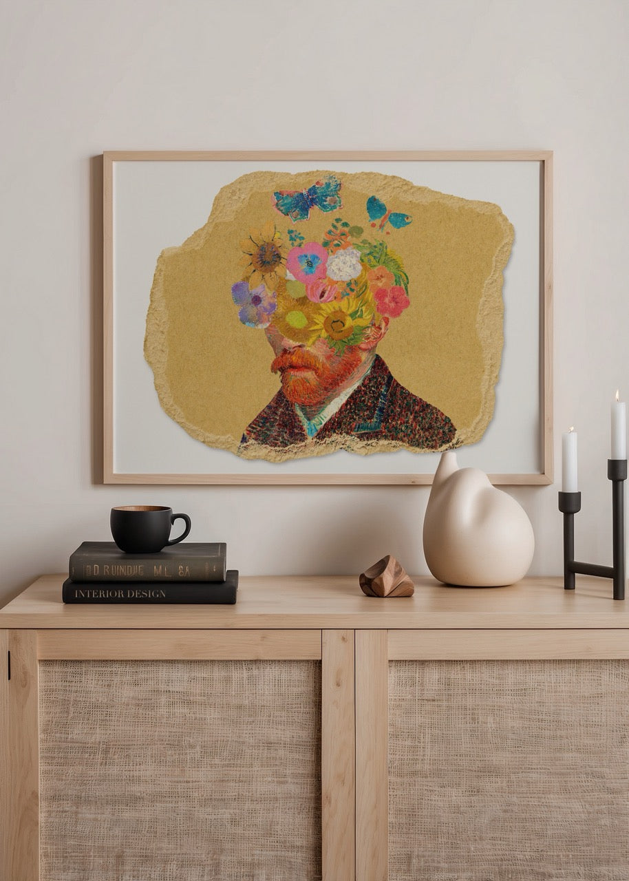 Floral Whimsy Portrait Wall Art featuring vibrant flowers in a creative composition.