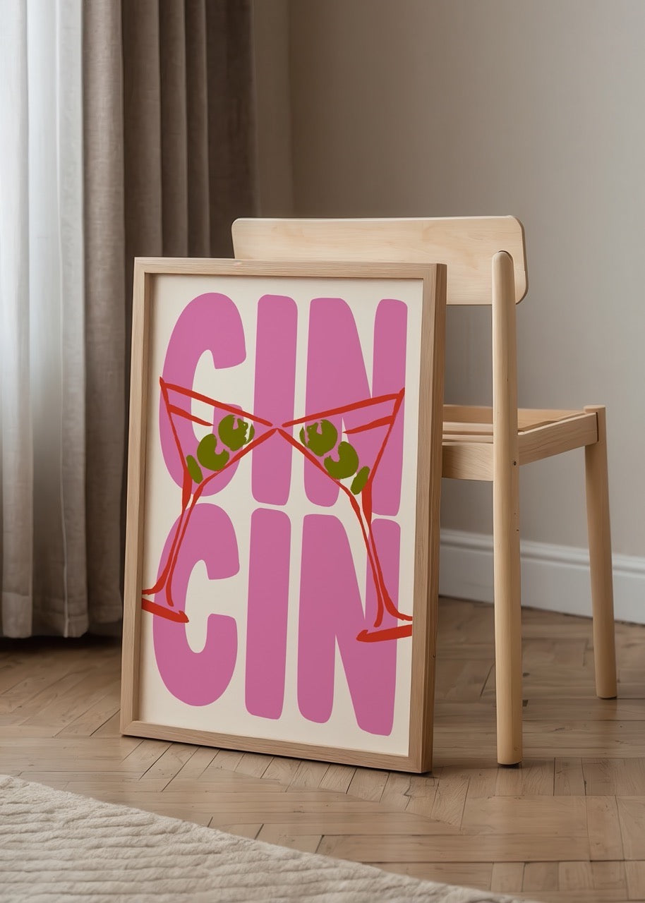 Bold cocktail typography art print featuring martini glasses.