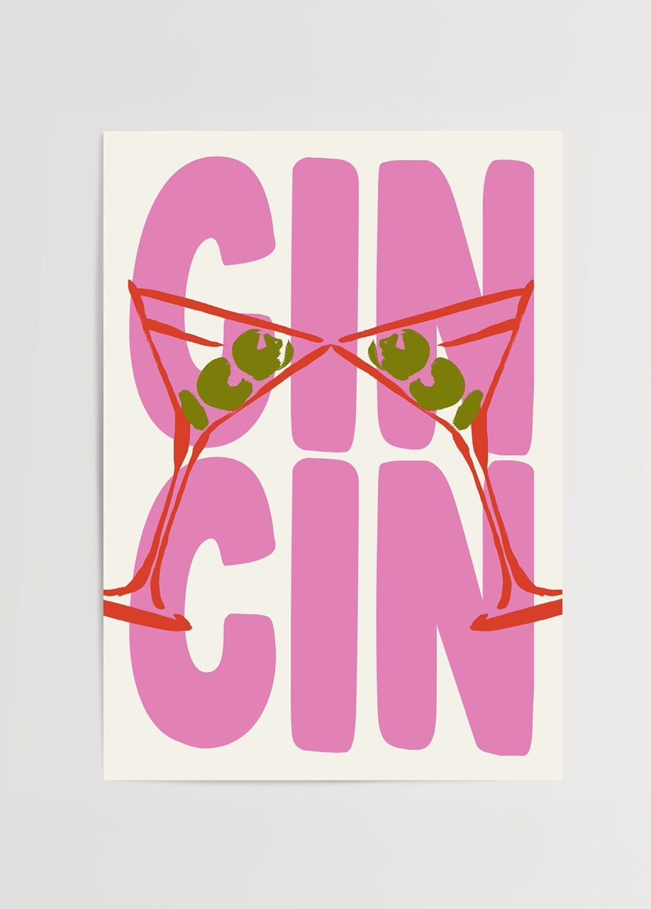 Bold cocktail typography art print featuring martini glasses.