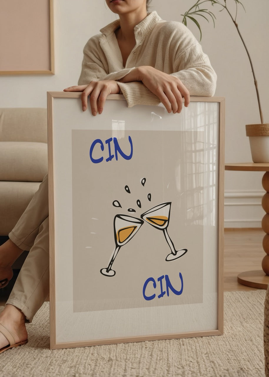 Whimsical poster featuring clinking glasses with the phrase &