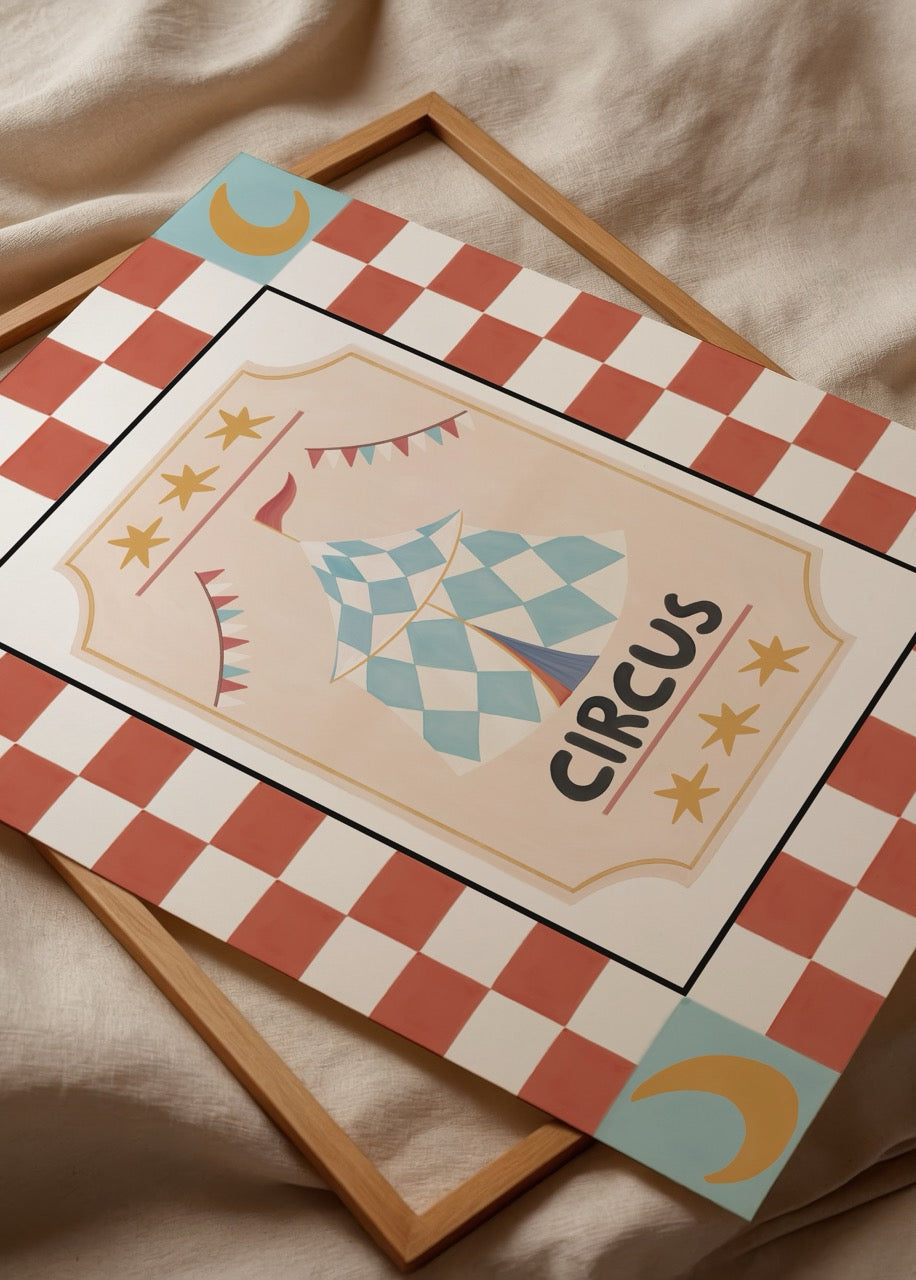 Circus tent illustration with playful patterns and vibrant colours for wall art.