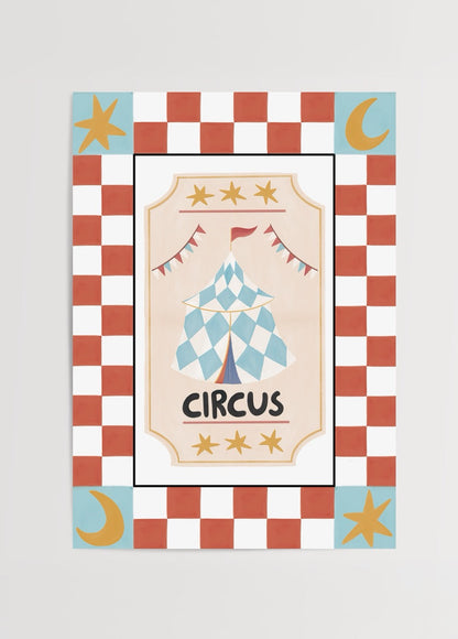 Circus tent illustration with playful patterns and vibrant colours for wall art.