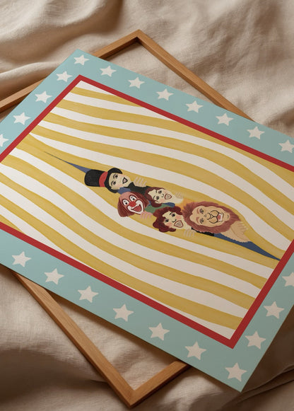 Circus Friends Poster Print featuring cheerful circus characters.
