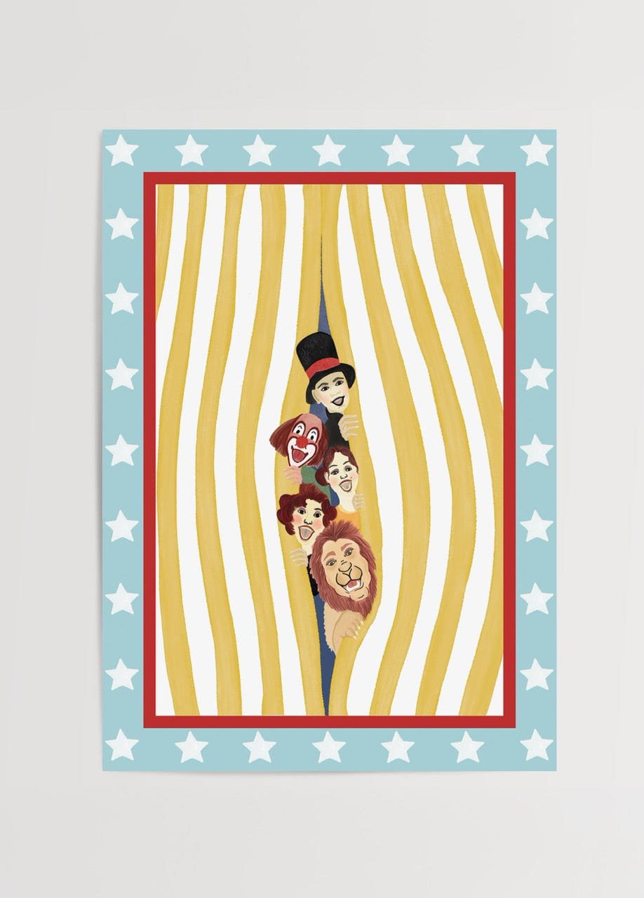 Circus Friends Poster Print featuring cheerful circus characters.