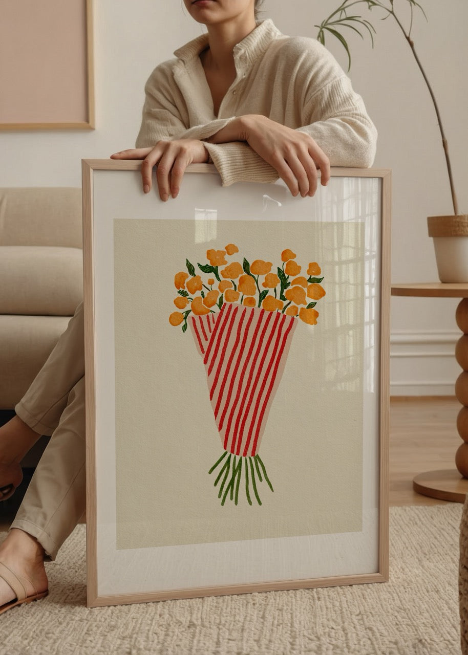 Striped Bouquet Poster Print featuring a vibrant floral arrangement.