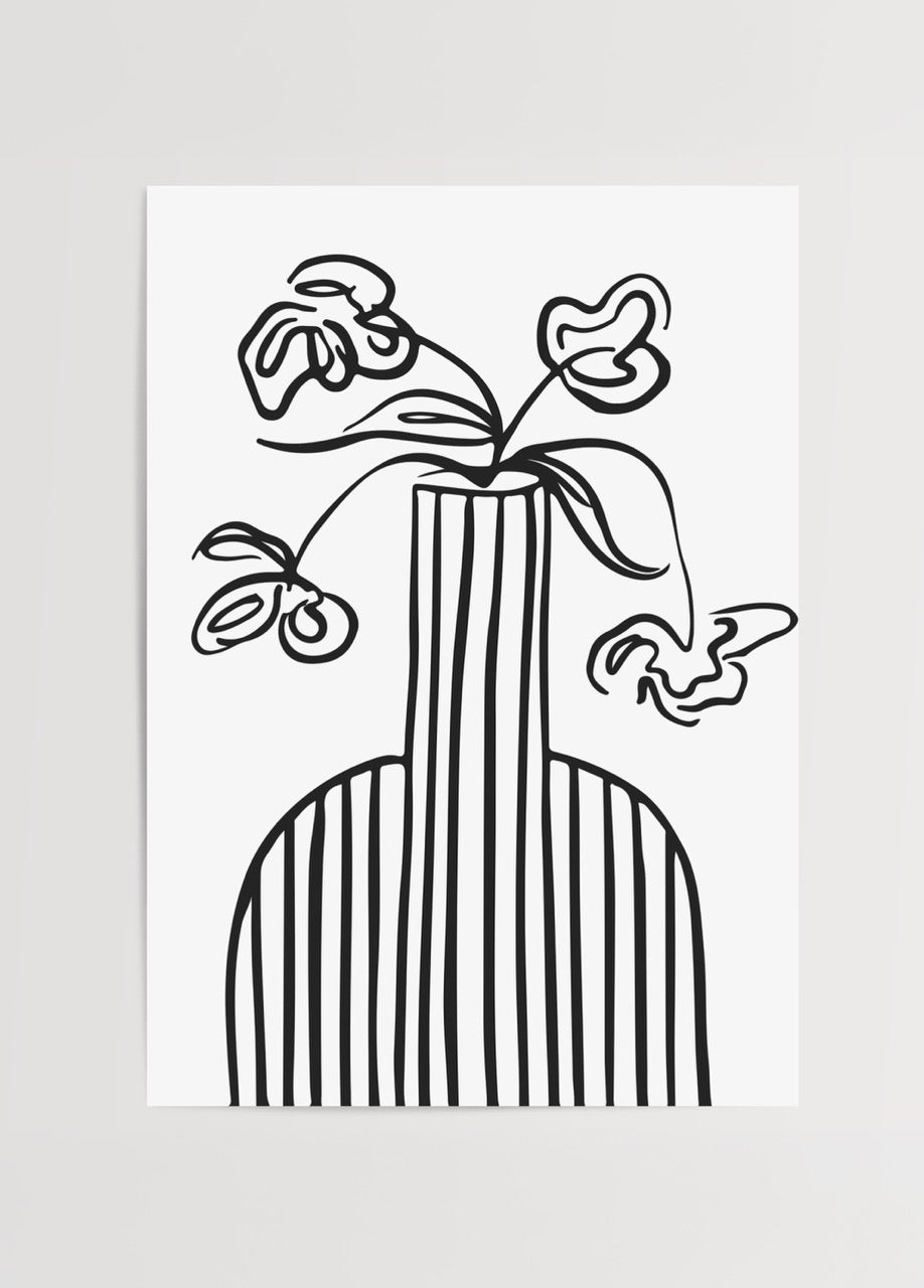 Minimalist poster of a striped vase with flowers in black lines.