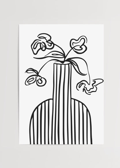 Minimalist poster of a striped vase with flowers in black lines.
