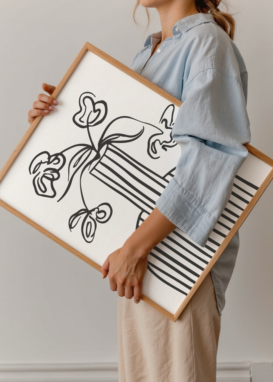Minimalist poster of a striped vase with flowers in black lines.