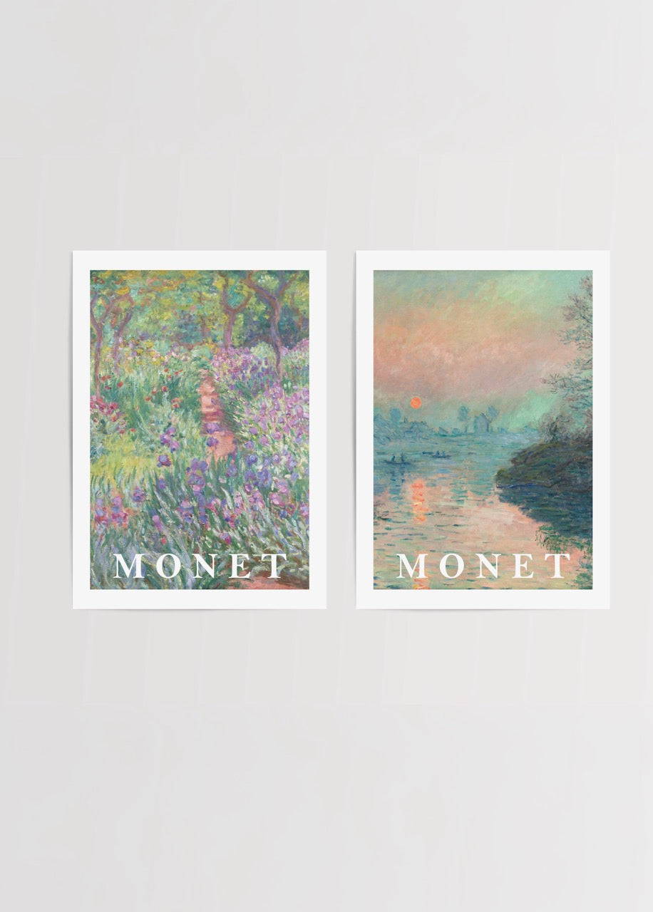 Serene garden path and dusk reflections poster set for elegant home decor.