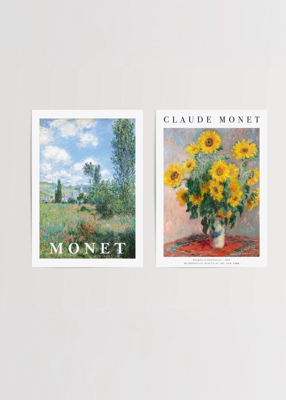 Poster set featuring a sunlit landscape and vibrant sunflowers in elegant vases.