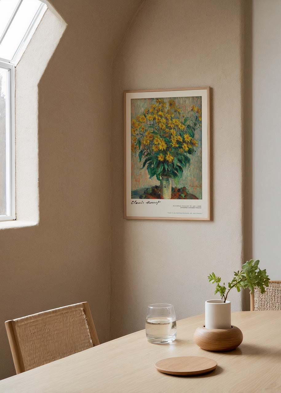 A vibrant floral arrangement of Jerusalem artichoke flowers in a vase by Monet, ideal for wall art.