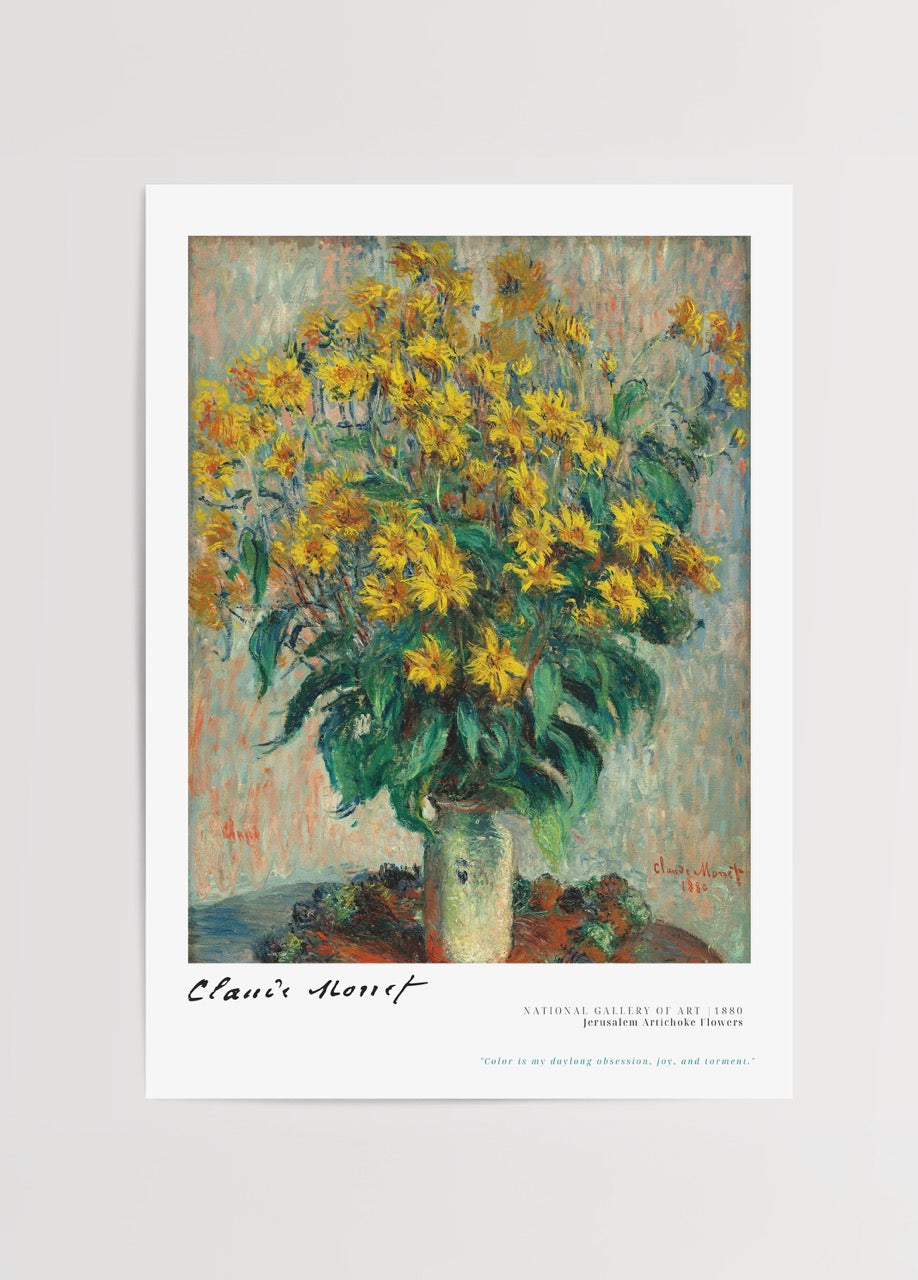A vibrant floral arrangement of Jerusalem artichoke flowers in a vase by Monet, ideal for wall art.