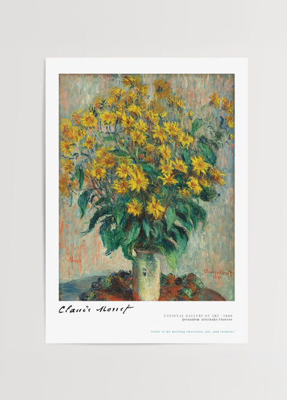 A vibrant floral arrangement of Jerusalem artichoke flowers in a vase by Monet, ideal for wall art.
