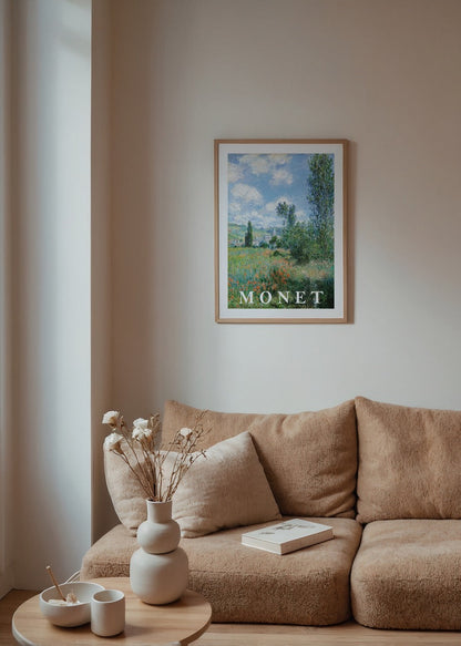 A vibrant meadow landscape art print with lush greenery and blue skies.