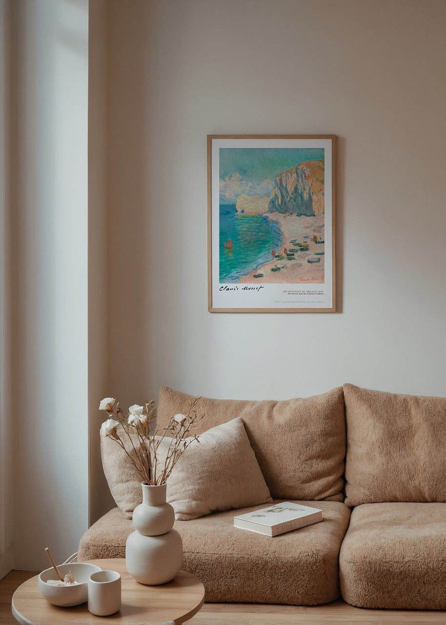 Serene coastal artwork featuring a beach and cliffs, ideal for wall decor.
