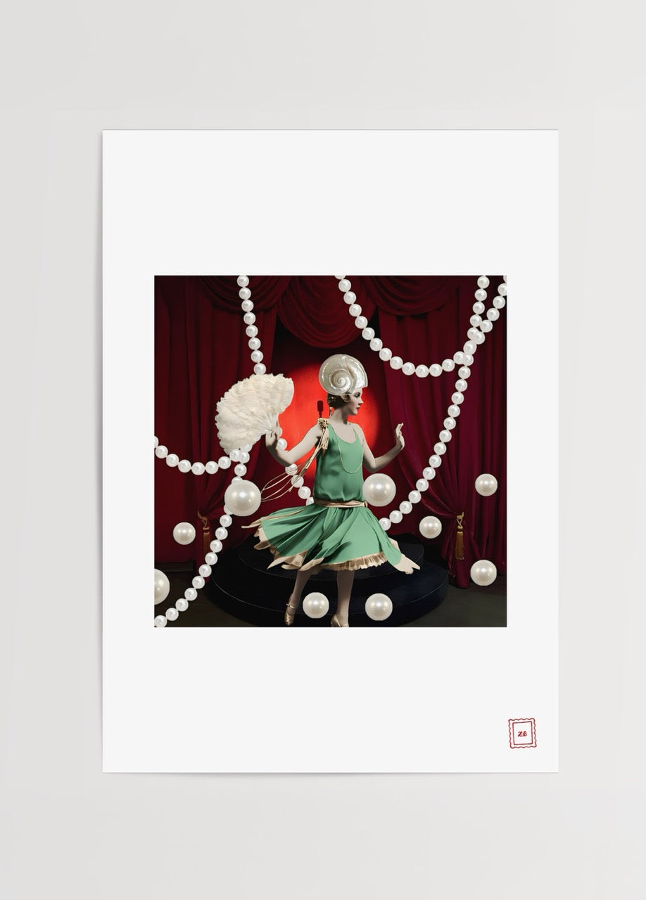 A vibrant club-themed poster featuring a woman in vintage attire surrounded by pearls.